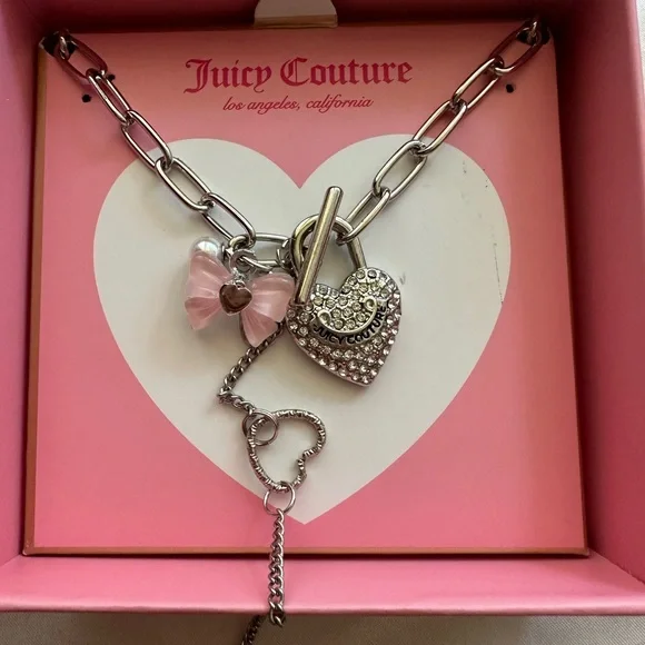 Juicy Couture Silver Necklace with Pink Heart and Bow Charms - Picture 1 of 4